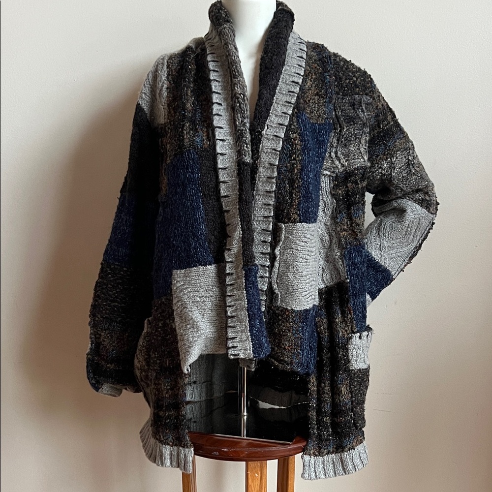 Curio Patchwork Cardigan Sweater oversized- Blue and Gray wool blend